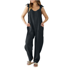 Combinaison salopette ample pour femme, imitation lin, tenue une pièce confortable et légère – Noir, XL