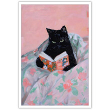 Vintage poster van een zwarte kat die in bed leest – Roze grappige dierenposter voor aan de muur, perfect voor de studeerkamer, slaapkamer of