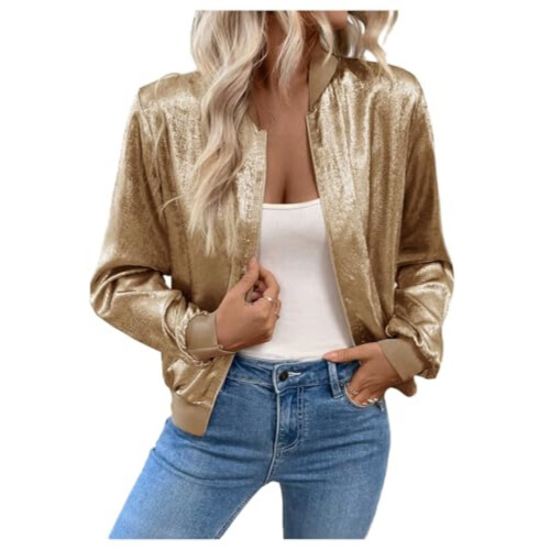 Leichte, langärmlige Damen-Metalljacke mit Reißverschluss 2