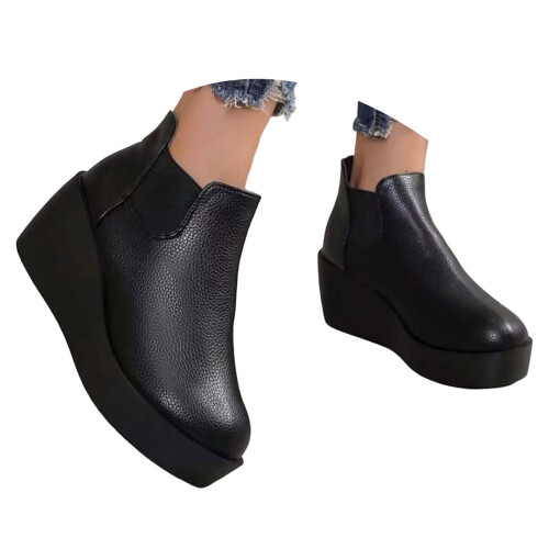 Leather ankle boots round toe chunky low heel black size 36 1