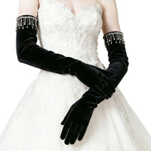 Women's Long Velvet Gloves with Sparkling Rhinestones-Black