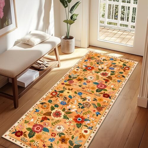 Blomstertæppe 6x1,8 meter, maskinvaskbart, skridsikkert boho-tæppe