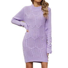 Rochie pulover tricotată cu mărgele violet deschis, mânecă lungă, mulată