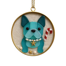 French Bulldog Christmas Ornament Blue Glass with Beach