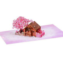 Happy Birthday Card Paper Sculpture Flower Tree Cottage Greeting
