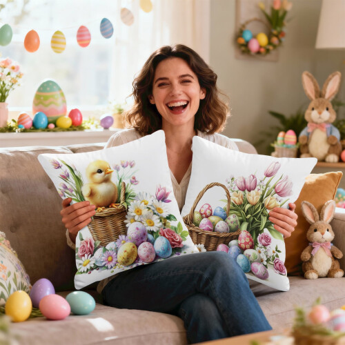 Bunny Rabbit Eggs Throw Pillow Cover 18x18 Inch 1PC 2