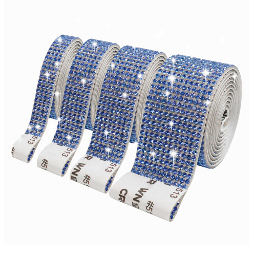 4 Rolls Sparkling Rhinestones Ribbon Strips Adhesive-Light Blue