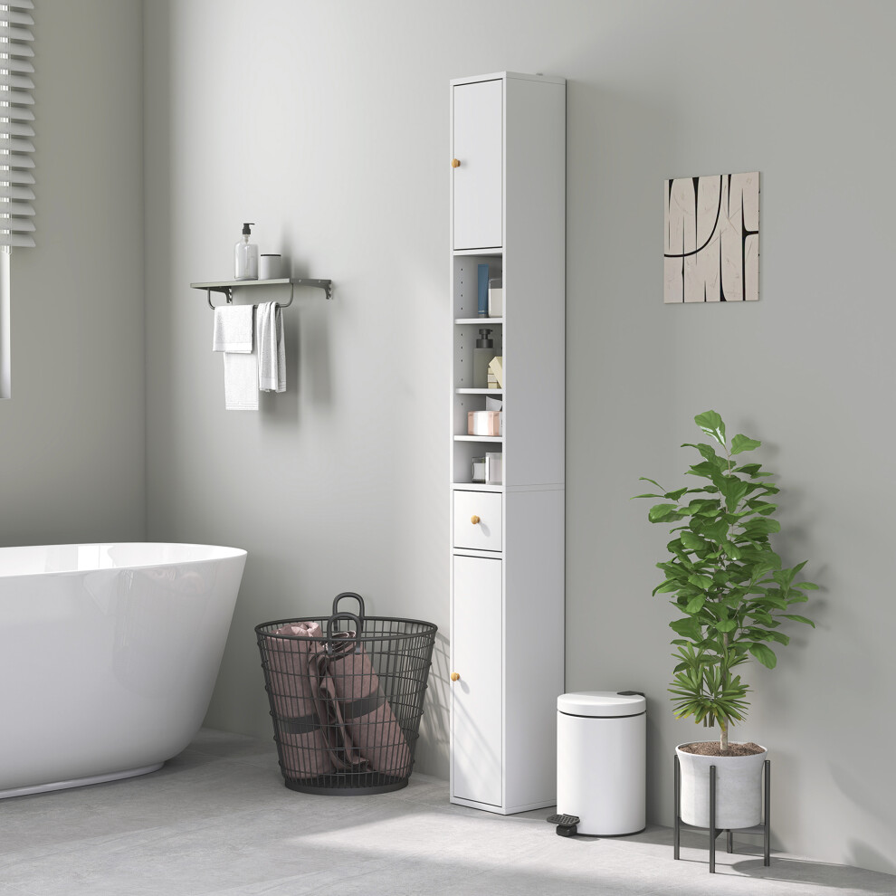 Homcom Tall Bathroom Cabinet With Drawer And Adjustable Shelves, White
