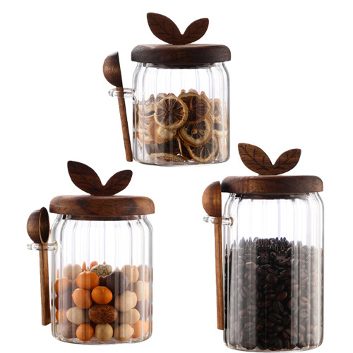Decorative Stripe Sealed Glass Container and Spoon High-600ml 1
