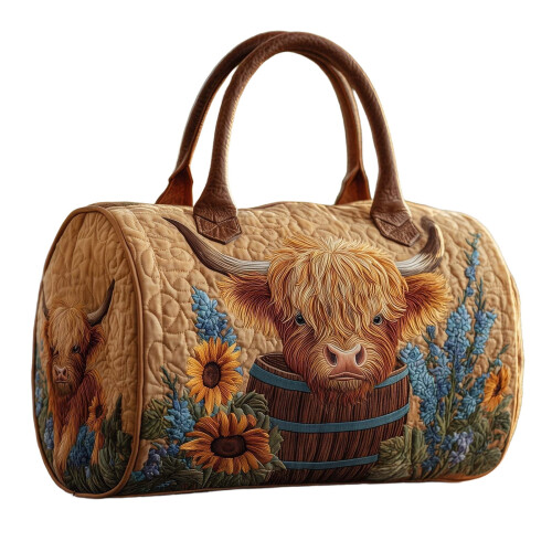 Χειροποίητη τσάντα Tote με σχέδιο ηλίανθου Highland Cow – Καπιτονέ ρουστίκ σχέδιο 1