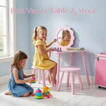 Kids Pink Vanity Table & Stool Set Girls Dressing Table Mirror Makeup Desk