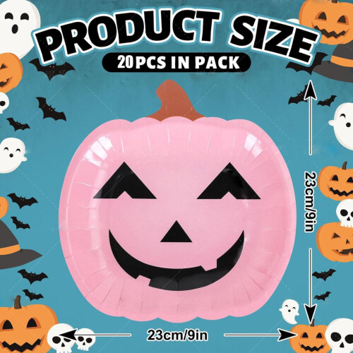 Πιάτα μιας χρήσης με κολοκύθα για το Halloween 9" (20 τεμάχια), ροζ χάρτινα πιάτα 2