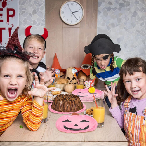 Πιάτα μιας χρήσης με κολοκύθα για το Halloween 9" (20 τεμάχια), ροζ χάρτινα πιάτα 2