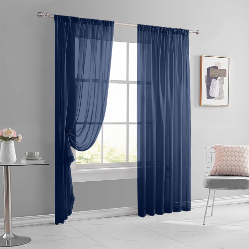 Solid Color Semi-Sheer Curtains – Double-String Polyester Rod Pocket Curtain Panels, Navy 2
