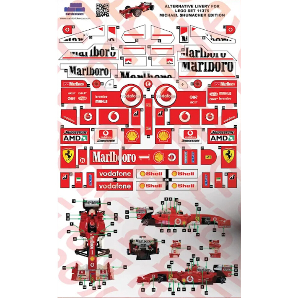 Lego Ferrari F1 F2004 Schumacher Period-Correct Livery Sticker Set For 11375