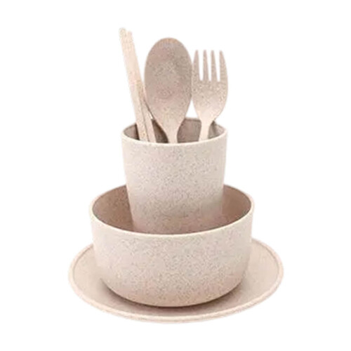 6-Pc Beige Wheat Straw Dinnerware Set: Bowls, Cups, Plates – Durable Tableware, Compatible with Household Dining 1