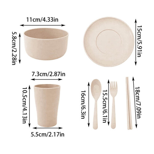 6-Pc Beige Wheat Straw Dinnerware Set: Bowls, Cups, Plates – Durable Tableware, Compatible with Household Dining 2