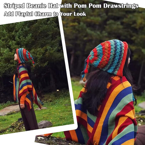 Gorro feminino de crochê com pompom e arco-íris. 1