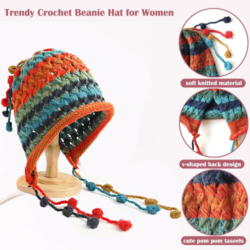 Gorro feminino de crochê com pompom e arco-íris. 2