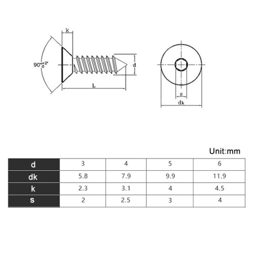 Countersunk Head Screw A2 Stainless Hex Drive Self Tapping Allen Screws M3-M6 1