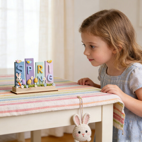 Panneau de table en bois de Pâques, lapin maman bébé fleurs œufs 2