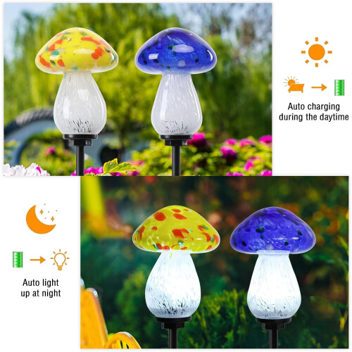 Mushroom Solar Outdoor Lights Handmade Glass2Pack 2