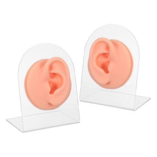 1Pair Flexible Silicone Ear Practice Model with Stand for Ear Piercing
