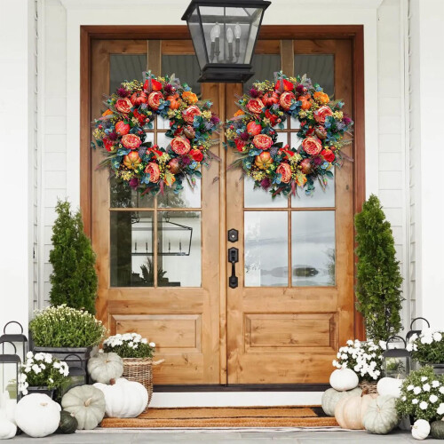 Artificial Fall Wreath with Pumpkins Peonies Eucalyptus 40cm 1