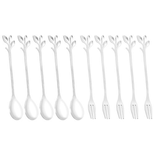 5Spoon+5Forks Stainless Steel Leaf Coffee Cake Spoon Fork Dessert Spoons, Stirring Teaspoon Set Silver