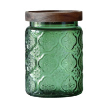 Glass Jar Embossed Designs Wooden-Green Begonia flower cover