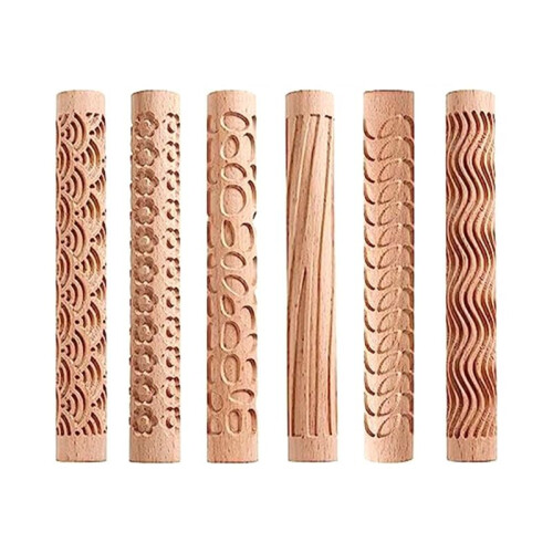 Set van 6 Wood Clay Modeling Pattern Rollers Kit, Clay Rolling Pin Textured Hand Roller Houten Handvat Aardewerk Tools Set