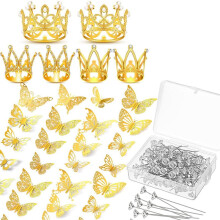 166 Unidades de Decoração de Coroa para Buquê de Flores com 6 Coroas para Bolo 100 Alfinetes de Corsage 60 Borboletas Douradas