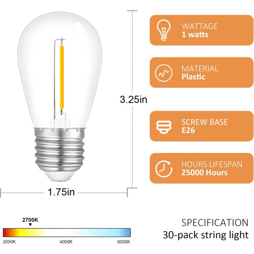 S14 LED String Light Bulbs E26 Base 1W 2700K Warm White 1