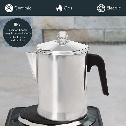 Cafetera de aluminio para estufa, 9 tazas, color plata. 2