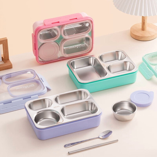 Bento-Box aus Edelstahl mit 3 Fächern, Deckel, Löffel und 2