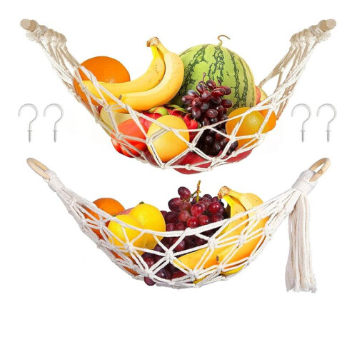 2PCS Hanging Fruit Hammock, Macrame Fruit Hammock Basket, Fruit Hammock for Kitchen Under Cabinet, Banana Fruit Hammock