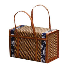 Picnic Woven Basket Wicker Storage Bag Handle Folded Fruit Shopping Food Handle Rattan Grass Foldable Bamboo Basket A