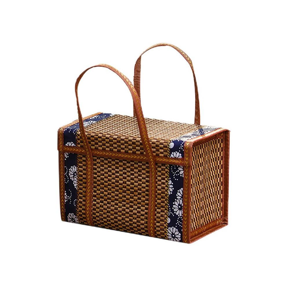 Picnic Woven Basket Wicker Storage Bag Handle Folded Fruit Shopping Food Handle Rattan Grass Foldable Bamboo Basket A Tauoh