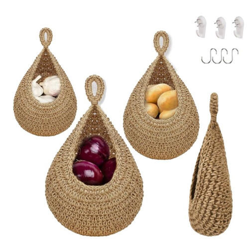 Hanging Fruit Basket for Kitchen, Boho Hanging Baskets for Organizing, Hanging Wall Fruit Vegetable Baskets, Handwoven