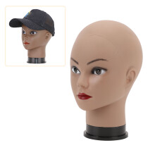 Testa di manichino femminile nera con trucco per la cosmetologia, espositore per parrucche e occhiali.