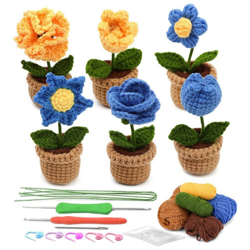6Pcs Crochet Potted Flowers Kit,Complete Crochet Kit for Beginners Adults with Step-By-Step Instructions Video Tutorials