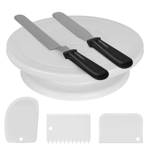 11 Inch Rotating Cake Turntable for Decorating - 6 Piece Cake Decorating Kit Includes 2 Icing Spatulas and 3 Scrapers
