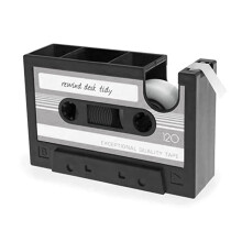 Tape Dispenser Pen Holder, Retro Cassette Tape Dispenser,Retro Office Supplies, Funny Cute Tape Dispenser Gray-Black