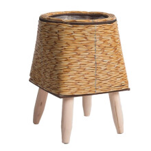 Vintage Imitation Rattan Woven Flower Shelf Planters Handmade Storage Basket with Wooden Legs Plant Pot Stand Holder,C