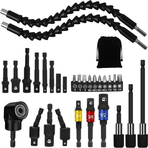31 Pcs Flexible Drill Bit Extension Set, 105 Right Angle Drill Attachment, Rotatable Joint Socket ,Hex Socket Adapter
