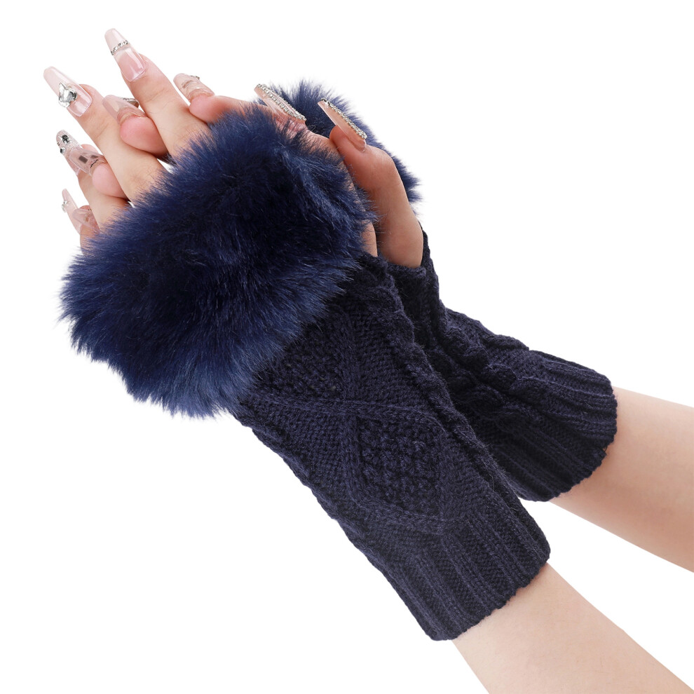 Blue Elegant Rhombic Pattern Arm Sleeves Fingerless Gloves-Navy