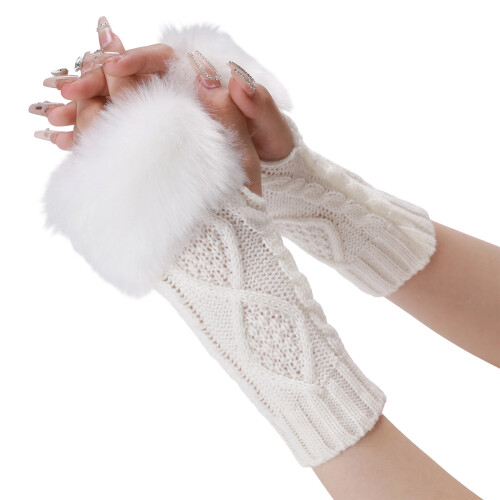 Rhombic Pattern Fingerless Arm Covers Acrylic Fibre-White