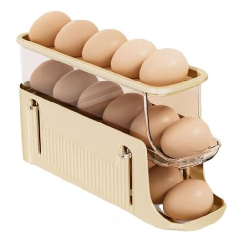 3 Tier Foldable Egg Holders,Rolling Egg Holder for Refrigerator,Automatic Rolling Egg Storage Tray,Egg Tray Cream Color