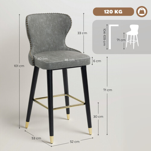 Homcom HOMCOM Bar Stools Set of 2, Dining Stools with Backrest, Footrest, Grey 2
