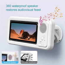 2X Shower Phone Holder with Speaker IPX4 Waterproof Anti-Fog Touch Screen Wall Mount for Shower Bathroom White